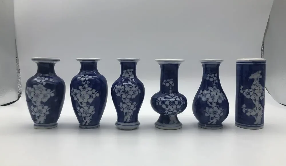 Chinese Miniature Vases Blue & White Plum Blossom Motif 4”tall 6-pieces